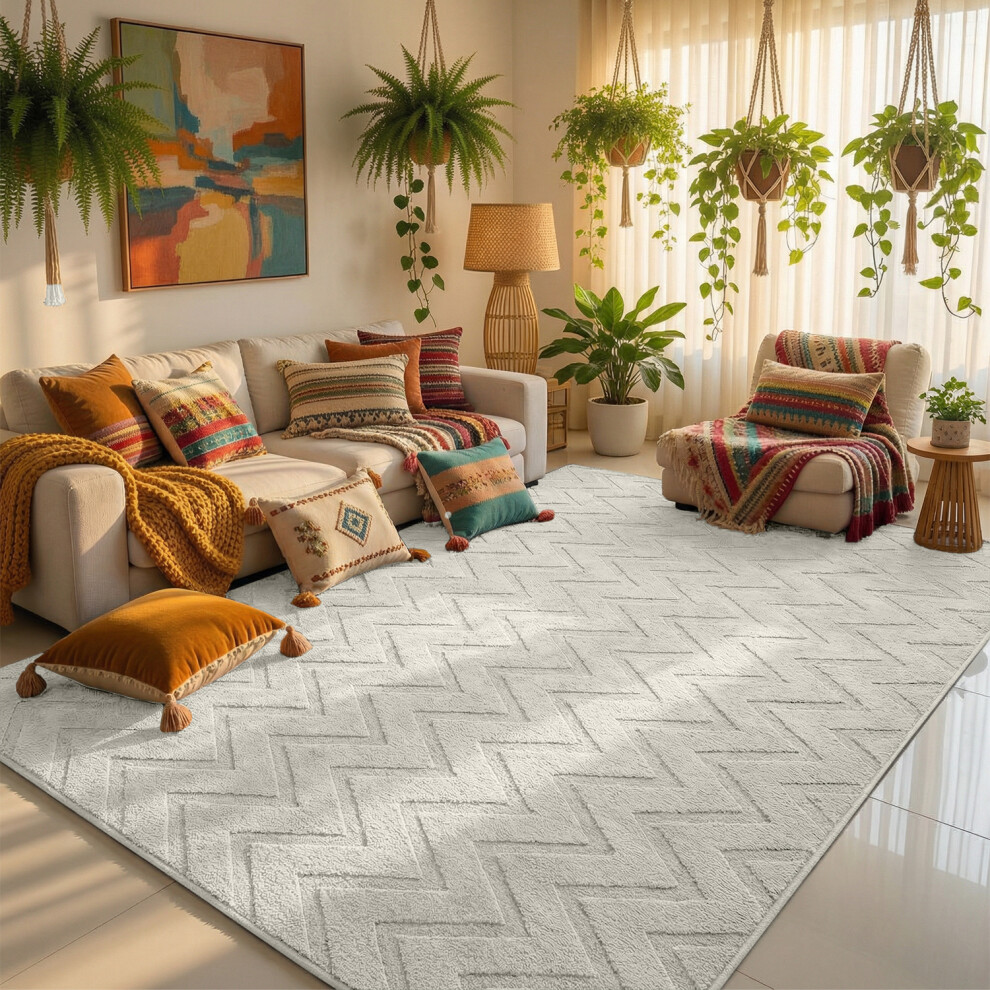 Imperial Rooms (160X230cm - Large Area Rug, Zig Zag ) High Low Pile Shaggy Geometric Rug - Modern Non Slip Area Rugs Cream
