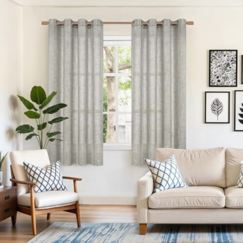Dark Grey Linen Curtains 52x68 in, Light Filtering, 2 1