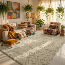 (160x230cm - Medium Area Rug, Rhombus Beige) High Low Pile Shaggy Geometric Rug - Modern Non Slip Area Rugs