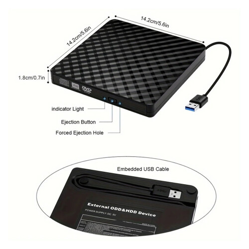 Εξωτερική μονάδα CD DVD USB3.0 & USB-C, δυνατότητα μεταφοράς δεδομένων υψηλής ταχύτητας, 2