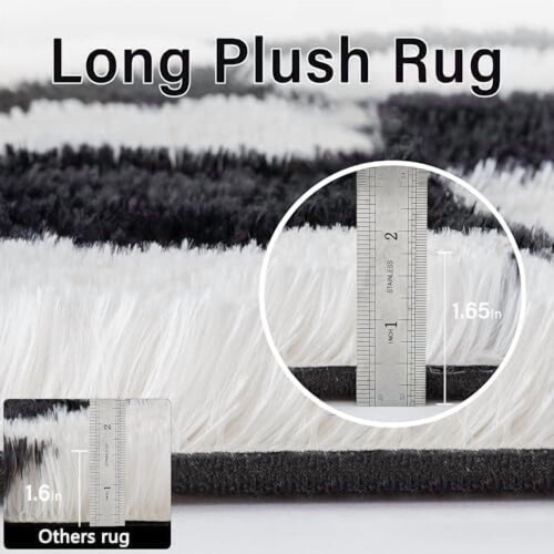 Χαλί Checkered5x7 για Σαλόνι – Ασπρόμαυρο Μοντέρνο Shag, Υπερμαλακό, Πλενόμενο, 2