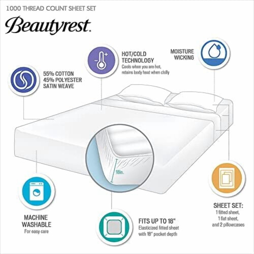 1000 TC Cotton Blend Sheet Set, Deep Pocket, Ivory, 4-Piece 2