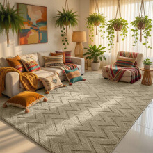 (160x230cm - Large Area Rug, Zig Zag Beige) High Low Pile Shaggy Geometric Rug - Modern Non Slip Area Rugs