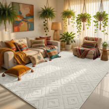 (160x230cm - Large Area Rug, Rhombus Cream) High Low Pile Shaggy Geometric Rug - Modern Non Slip Area Rugs