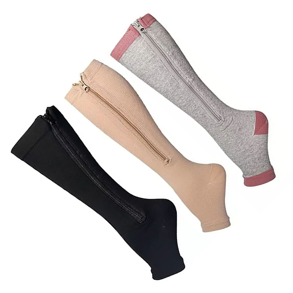 Black/Gray 3 Pairs Nylon Zipper Compression Socks For Walking & Running S/M - , Skin