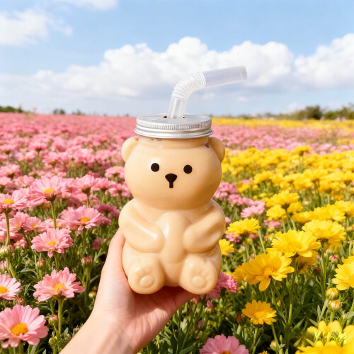 Κούπα με καλαμάκι σε σχήμα αρκούδας Kawaii από πλαστικό μπουκάλι για χυμό, γάλα, 2