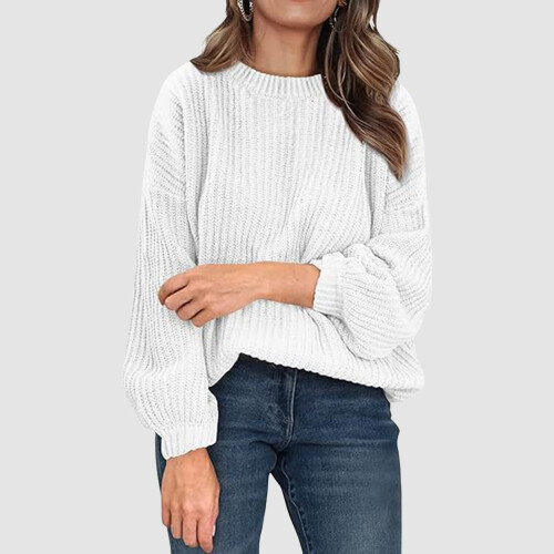 Γυναικείο λευκό oversized πλεκτό πουλόβερ με ριμπ ύφανση, casual τοπ γραφείου με μακριά 1