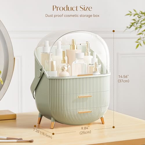 Make-up-Organizer mit Schubladen und transparentem Deckel, Hellgrün 2