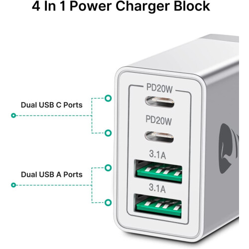 Ładowarka ścienna USB-C 40 W, 4 porty PD QC Cube, 2 sztuki 1