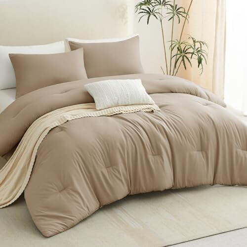 Taupe Full Size 3-Pc Comforter Set: Lightweight, Breathable Microfiber Quilted Bedding (1 Comforter + 2 Pillowcases) 2