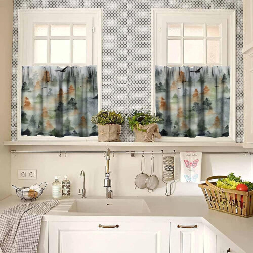 Conjunto de 3 cortinas de cozinha com estampa de floresta em aquarela, com bolso para varão, 54x18 polegadas + 27x24 polegadas, para cozinha e sala 1
