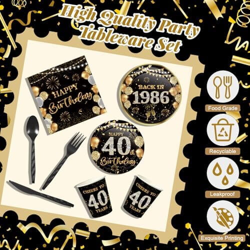 Decorazioni per il 40 compleanno, nero e oro, 240 pezzi, per 30 persone. 2