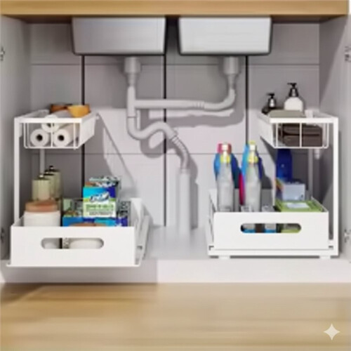 Under Sink 2 Tier Sliding Cabinet Basket Organizer Drawer Pull Out Cabinet Multi-Purpose Sink Organizer 2