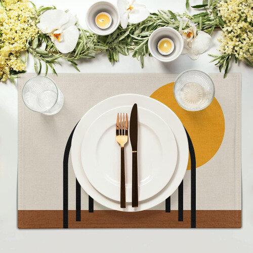 Σετ 4 σουπλά boho, 12x18", μπεζ & πορτοκαλί, πλενόμενο ύφασμα, μοντέρνα αφηρημένη τέχνη, 1
