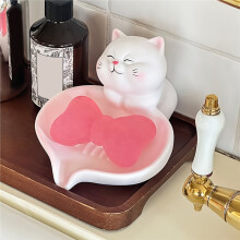 1pc Cute Cat Soap Dish-Bathroom Countertop Organizer with Drainage, Non-Slip Base,Pastel & White Decor-Soap Holder