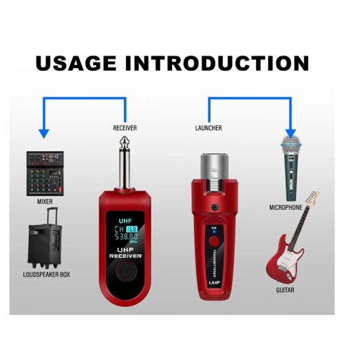 Red UHF XLR Adapter System Wireless Microphone Transmitter Receiver for Dynamic Microphone Guitar Audio Mixer PASystem B 2