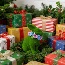 Statue de Lapin 3D en Résine Verte, Décoration de Pâques avec Couronne de Fleurs, pour Jardin, Pelouse, Porche ou Porte D'Entrée