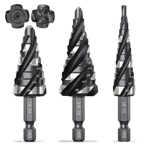 Four Spiral Flute Step Drill Bit Set, 3 Pcs HSS Step Drill Bits (1/8"-7/8") Unibit Step Drill Bit , 1/4" Shank Step Bits 2