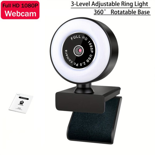 Webcam USB Full HD 1080p com Luz Circular, Foco Fixo, Rotação de 360, Conecte e Use para Streaming e Videochamadas 2