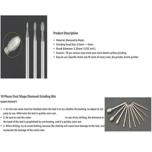 Conjunto de 10 Brocas para Entalhe em Pedra com Haste de 3/32 Polegadas para Ferramentas Rotativas (Formato Oval) 1