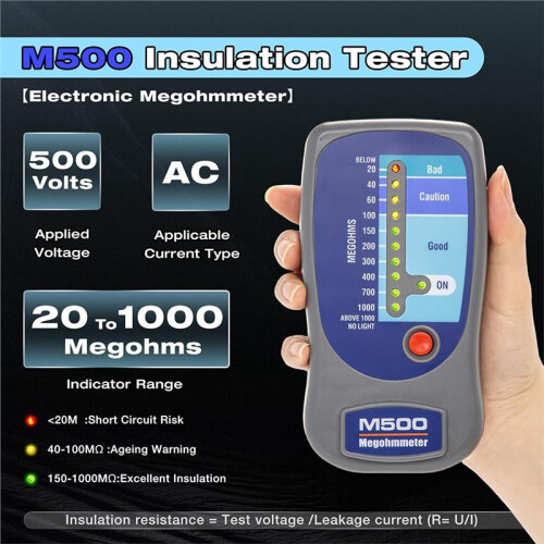 M500 Megohmmeter for Insulation Testing, 1000 Megohms At 500V, with Visual Display and Soft Carrying Case 2