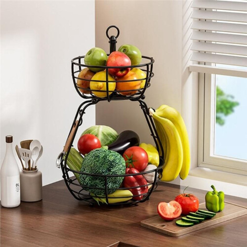 Stackable Ventilated Double Layer Snacks Basket Removable Designs Sturdy Iron Construction Includes Banana Hanger 1