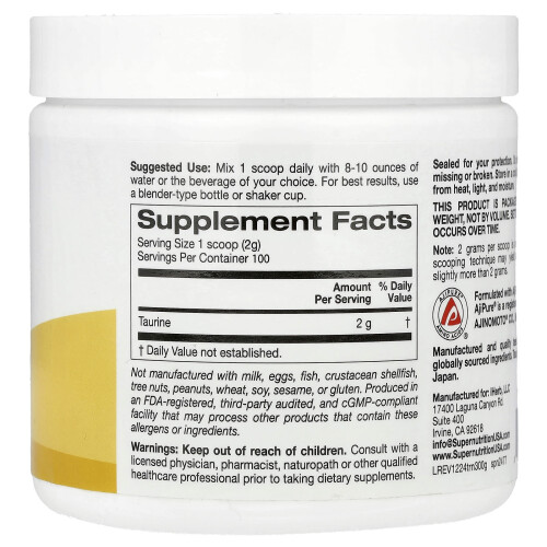 Super Nutrition, Taurina, Sem Sabor, 7,05 oz (200 g) 1