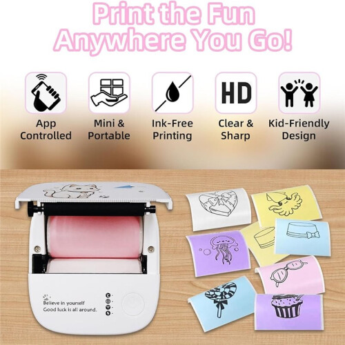 Sticker Printer with 6 Rolls Thermal Paper,  Portable Inkless Printer for IOS & Android, Pocket Print Pod 2
