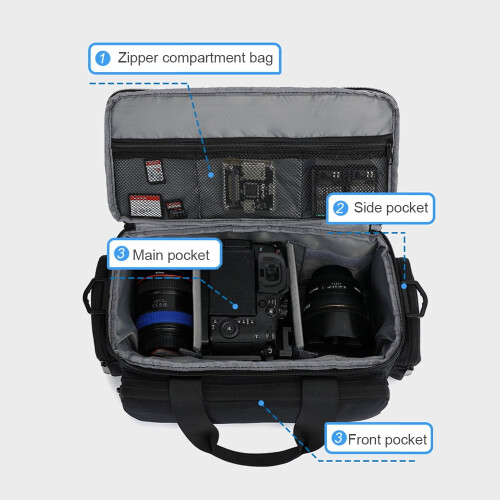 Bolsa para câmera resistente à água com divisórias removíveis, compatível com câmeras DSLR e mirrorless. 1