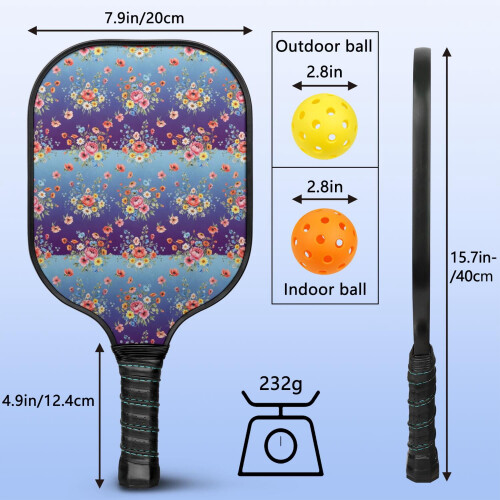Σετ κουπιών Pickleball από fiberglass με λουλούδια και 2 μπάλες και τσάντα – Συμβατό με 2