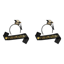 2Set Grad Cap Headband Graduated Satin Sash 2024 Graduation Party Decoration Supplies Photo Props Bachelor Hat