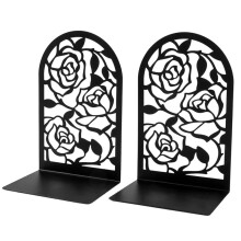 Rose Metal Bookends - Elegant Iron Book Supports for Office & Home, Artistic Hollow Design A