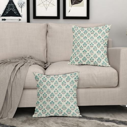 Kussensloop met blokprint, 18x18 inch, blauwgroen, polyester 2