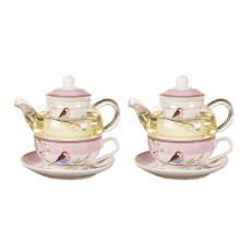 2X Ceramic Flower Teapot Flower Bird Cup Saucer Heat-Resistant Glass Pot Set Coffee Cup Afternoon Tea Tea Set