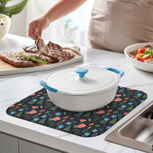 Floral Print Kitchen Dish Drying Mat Microfiber 16x18 Inch 1