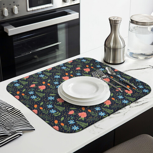 Floral Print Kitchen Dish Drying Mat Microfiber 16x18 Inch 2