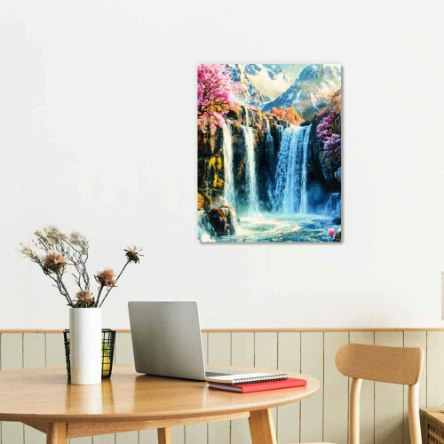 Quadro decorativo em tela com estampa de cachoeira, flores e árvores, 30x40cm (12x16 polegadas) 1