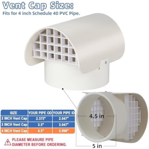 Καπάκι εξαερισμού ραδονίου PVC 4" για Schedule40Pipe – Συμβατό με ανεμιστήρες ραδονίου, 1