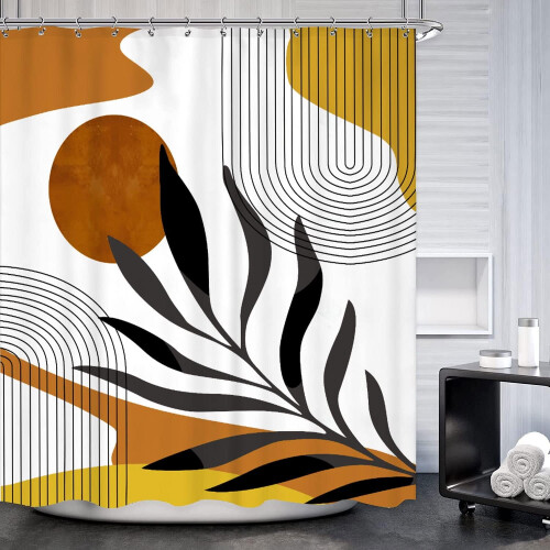 Κουρτίνα μπάνιου Mid-Century Abstract – Καφέ/Πορτοκαλί Boho Sun & Geometric Arch Design, Αδιάβροχο 1