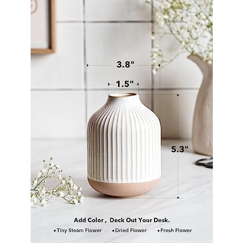 Boho Ceramic Vase 5.4in Rustic White Embossed 1