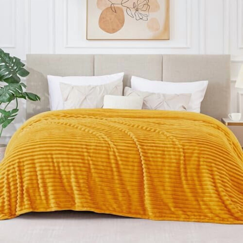 King Size Fleece Blanket – 3D Ribbed Stripe, Mustard 1
