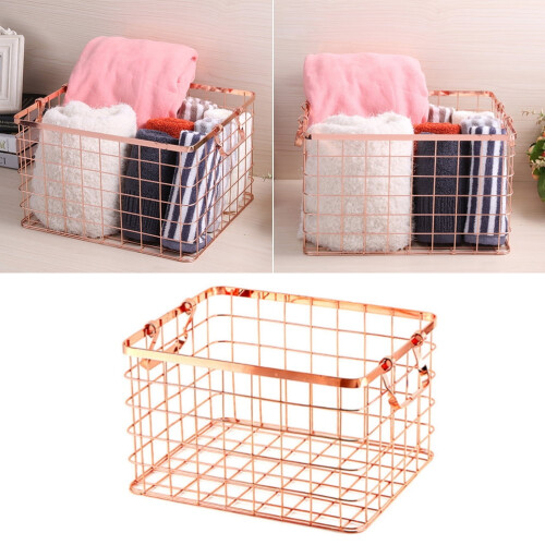 Rose Gold Wire Basket with Handle for Home Office Storage 2