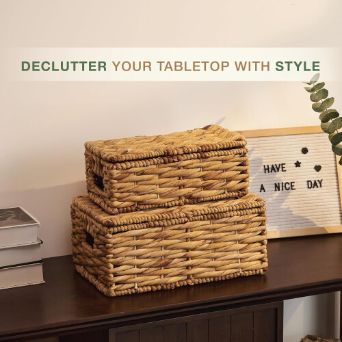 2 Natural Wicker Storage Baskets with Lids 1
