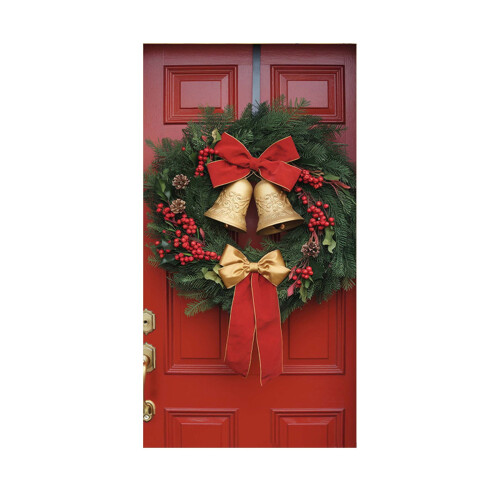 Guirlanda natalina para porta com sinos dourados e laço vermelho, 71x35 polegadas (180x89 cm). 1