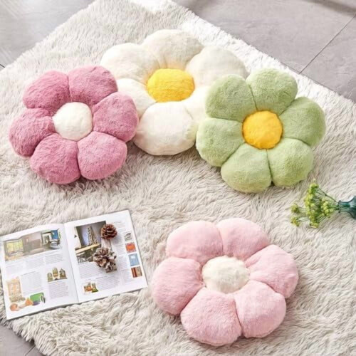 Almofada decorativa de pelúcia com estampa de flor branca, imitação de pele de coelho, 50 cm (19,6 polegadas) 2