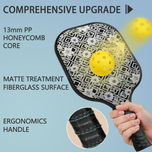Σετ κουπιών Pickleball από fiberglass με λουλούδια, 2 μπάλες και τσάντα – Συμβατό με 1