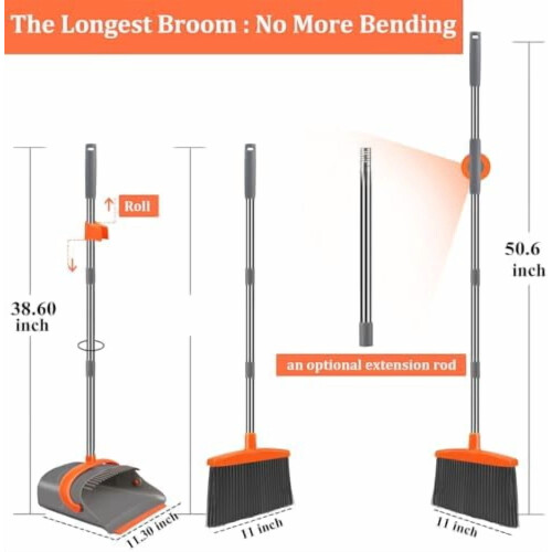 Adjustable Broom and Dustpan Set with Stiff Bristles 1