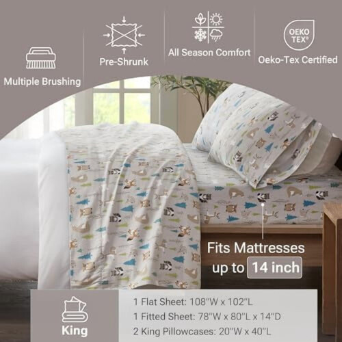 Σετ σεντόνια True North Cozy Flannel 100% βαμβακερά – με σχέδια ζώων και αστεριών, εξαιρετικά 2