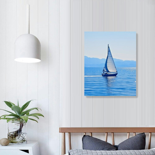 Quadro decorativo de parede em tela com veleiro azul no oceano, 40x50cm (16x20 polegadas), ideal para sala de estar e quarto. 2