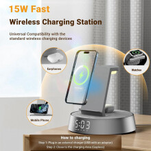6 in 1 Alarm Clock Charging Station for Bedrooms, Wireless Charging Station with Dimmable Night Light Speaker